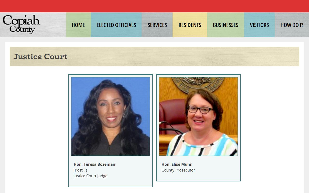 Copiah County Justice Court page explaining criminal affidavits, bond, and preliminary hearings
