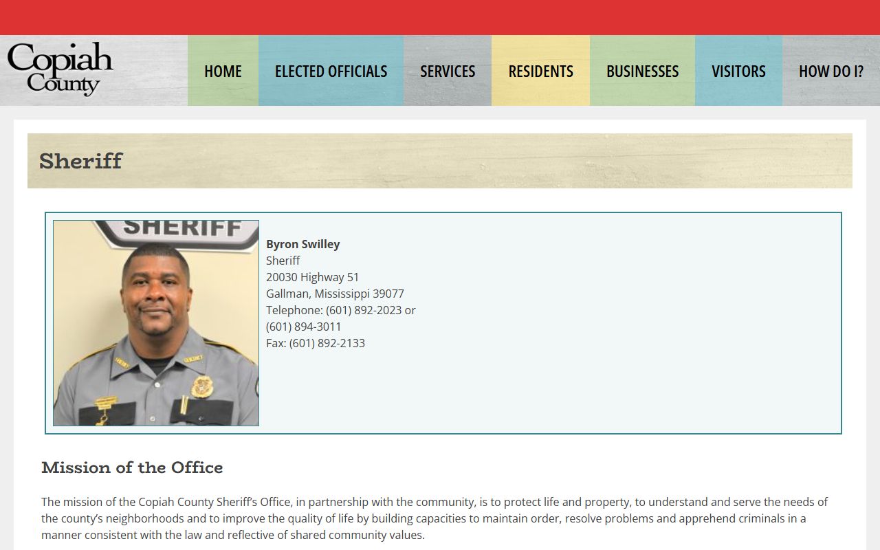 Copiah County sheriff page for inmate population and jail contact details