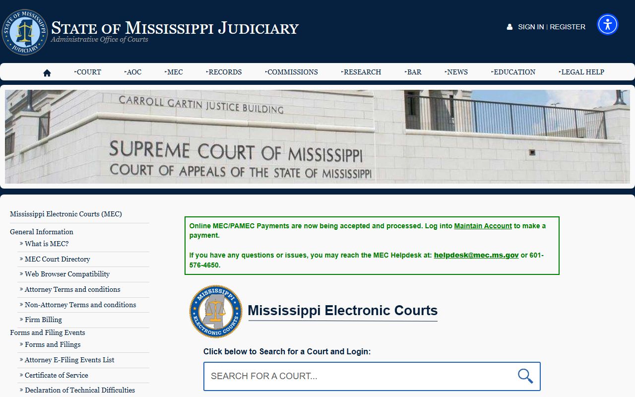 Mississippi Electronic Courts public portal page